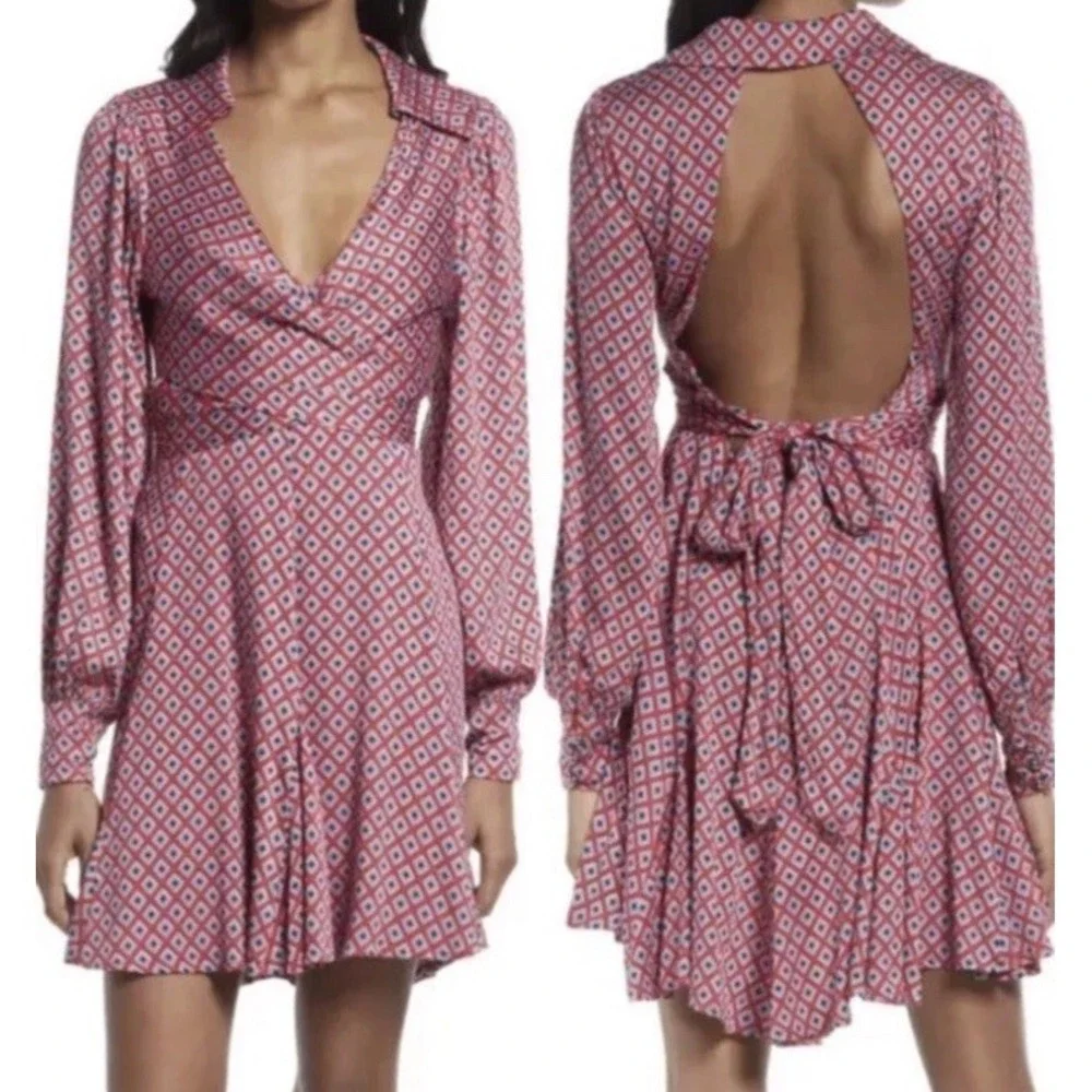 Free People It Takes Two Mini Dress Women Size XS Open Back Wrap Skater Pink Red